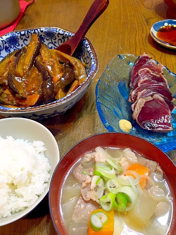 🐷汁、🍆の味噌炒め、鰹のたたき🐟〜💦|相良幸子さん