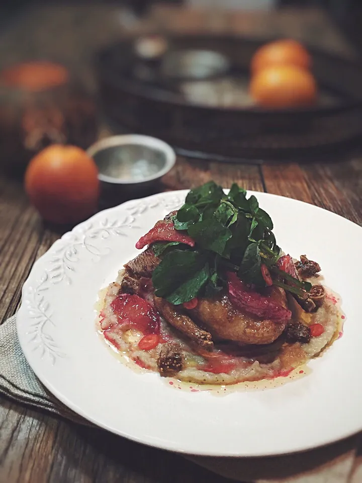 Spiced pigeon,eggplant purée,fig,blood orange.|rick chanさん