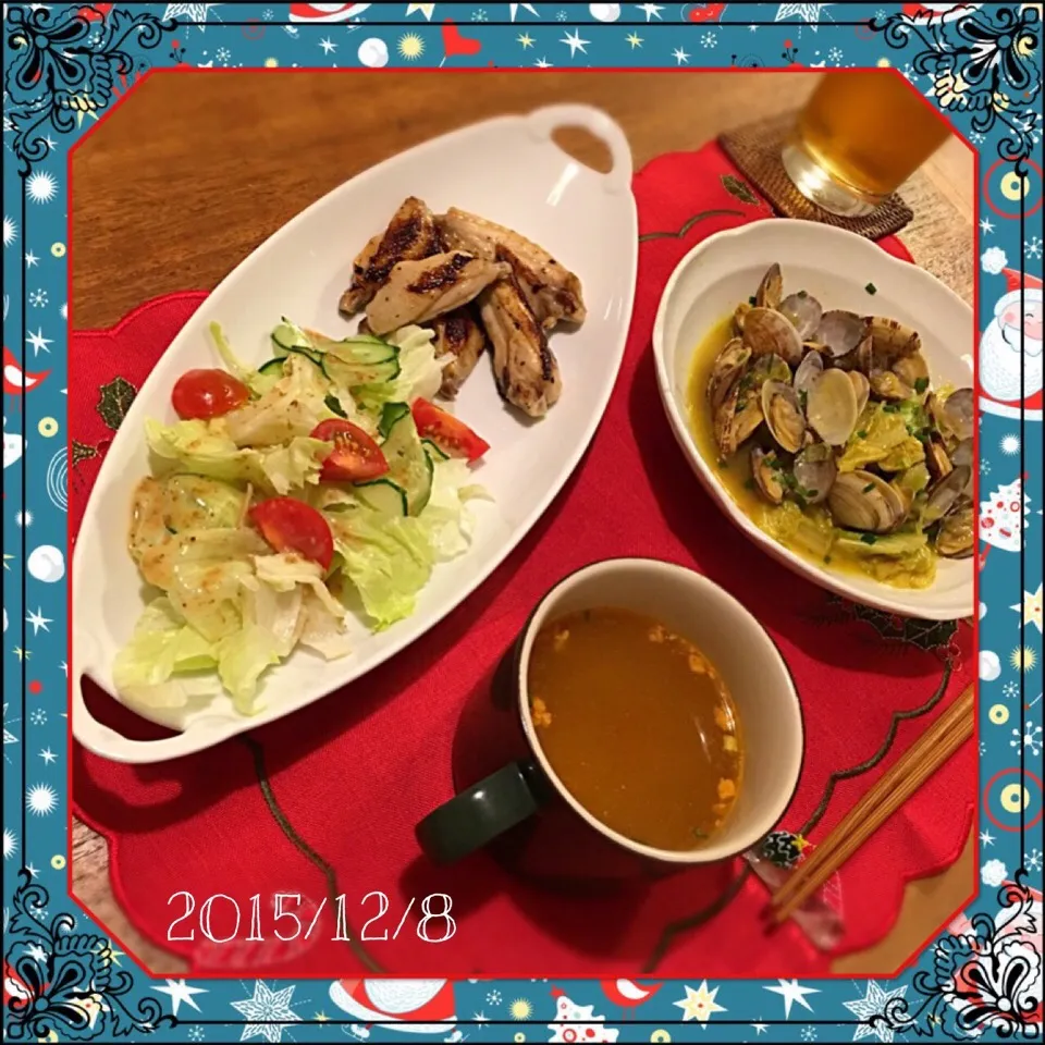 Snapdishの料理写真:手羽中のソテー／塩麹
アサリと白菜の酒蒸し／カレー風味
スープ|𓇼 Ⓢ Ⓗ Ⓘ Ⓝ Ⓞ Ⓑ Ⓤ 𓇼さん