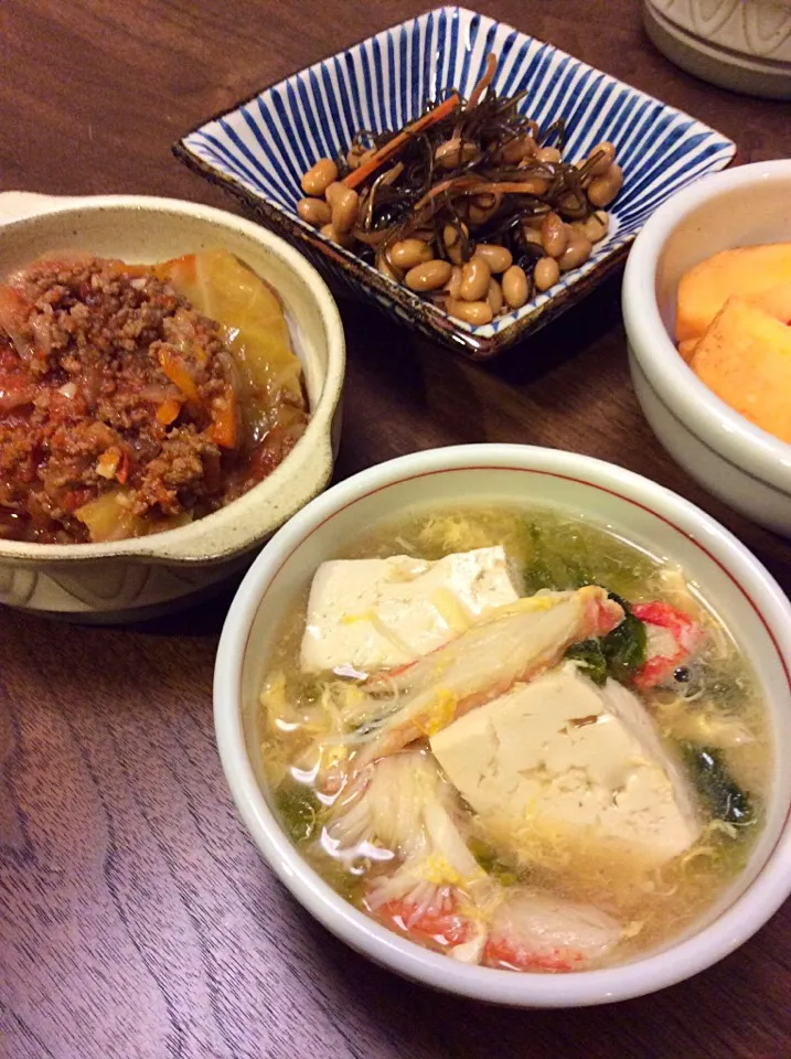 豆腐とかにの煮物  キャベツのトマト煮
大豆の松前漬け|ちょこりんさん