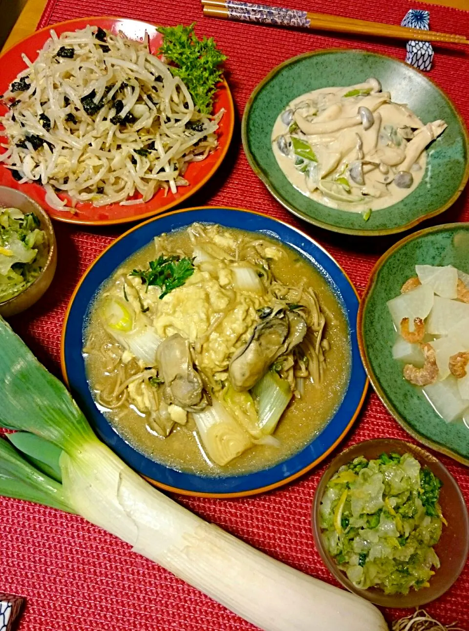 野菜中心ご飯🍴  下仁田ネギと牡蠣の玉子とじ❤|ゆず( ˘ ³˘)♥さん