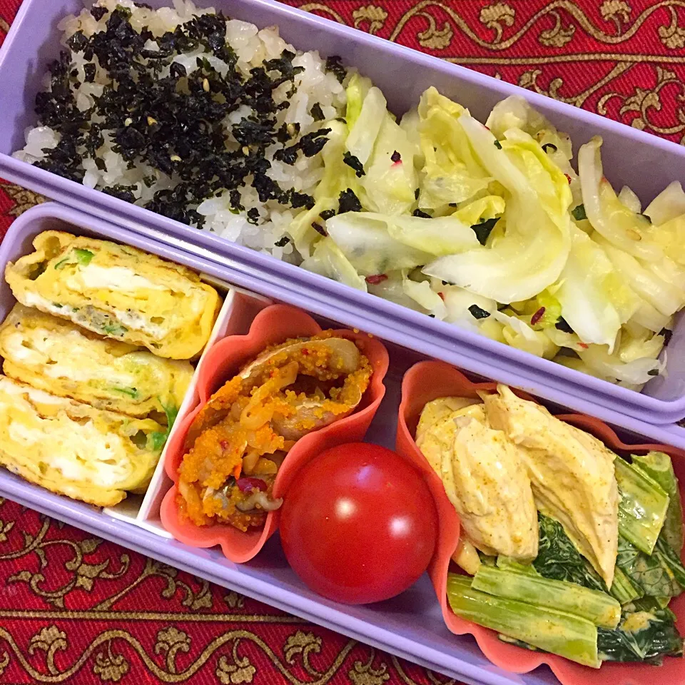 鶏ささみと小松菜のカレーマヨネーズ和えとままかり弁当|もえさん