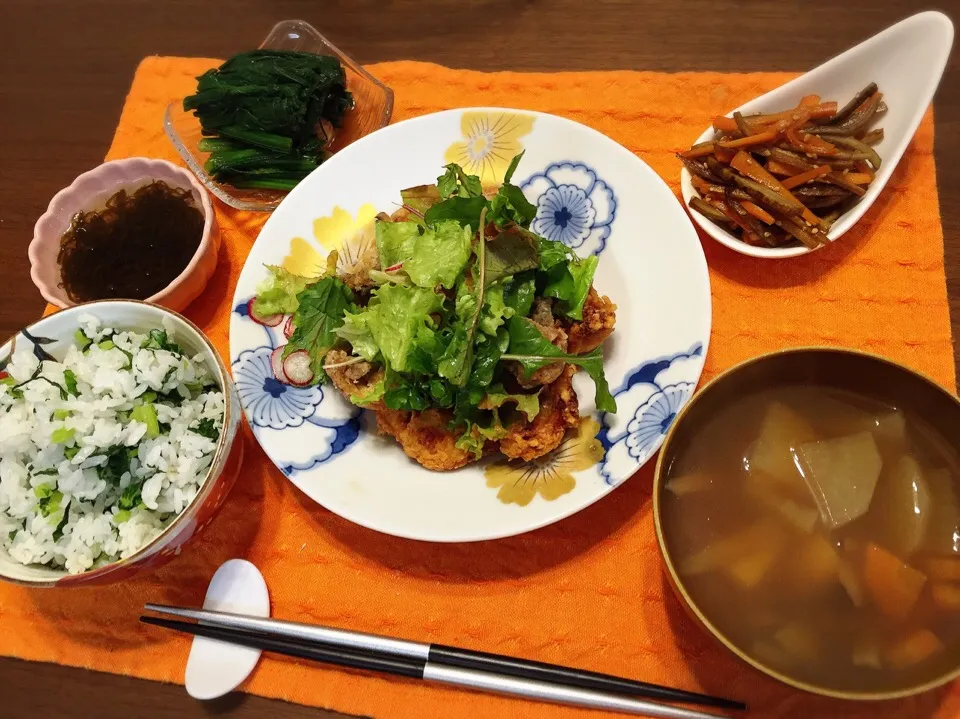 鯵南蛮 お浸し きんぴら 大根葉の菜飯 けんちん汁|fleur ❁︎⑅*さん