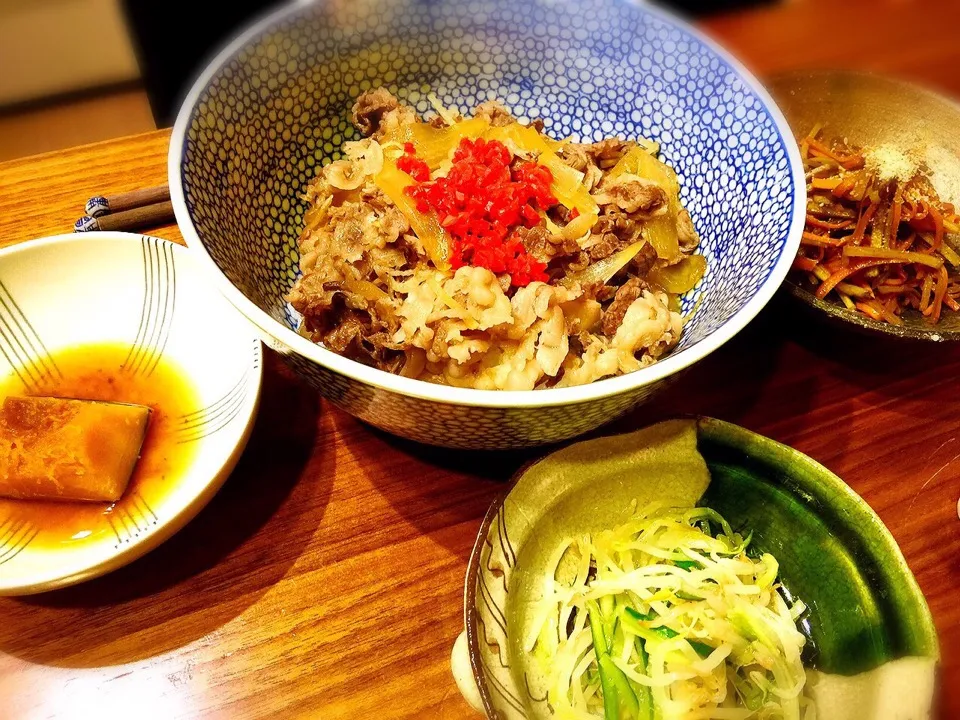 吉野家牛丼風
カボチャの煮物
きんぴら牛蒡
もやしときゅうりのナムル|scandimikanさん