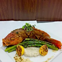 Fried red snapper,grilled asparagus, coconut jasmine rice,lime coconut sauce, #mirtapaslounge|Danny mejiaさん