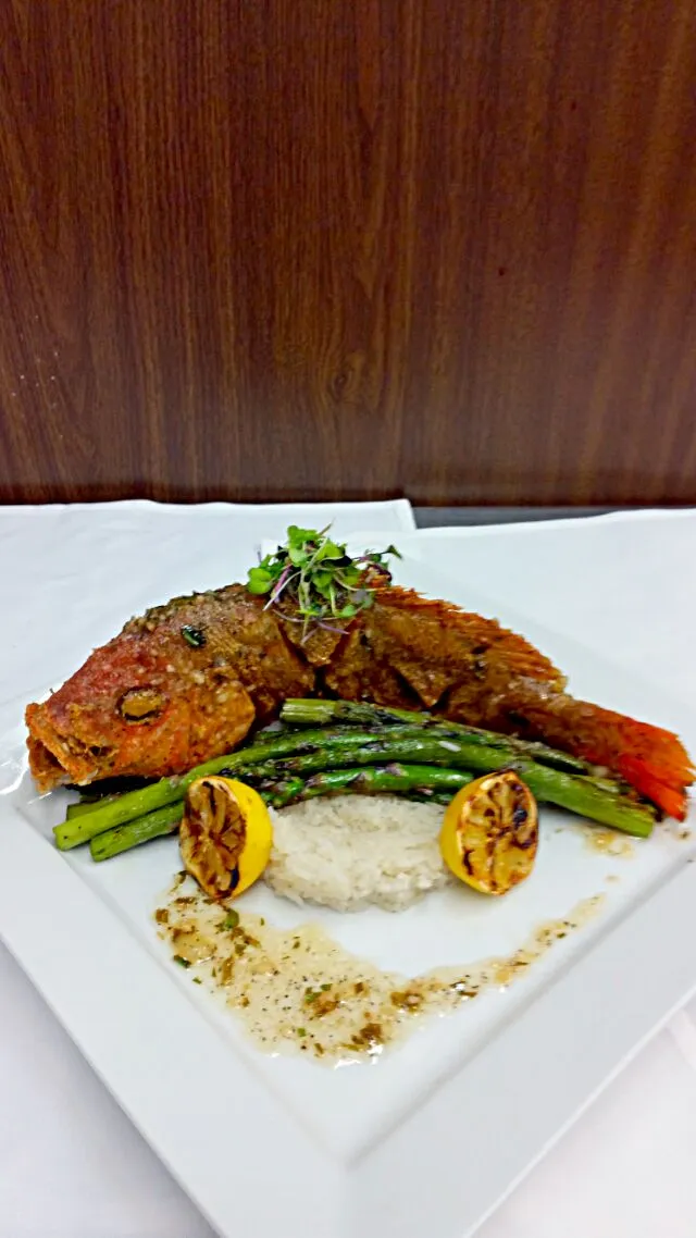 Fried red snapper,grilled asparagus, coconut jasmine rice,lime coconut sauce, #mirtapaslounge|Danny mejiaさん