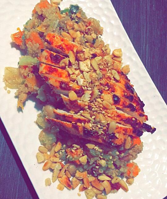 Peri Peri Chicken Quinoa Salad with Roasted Pine NutsCashews and Sesame