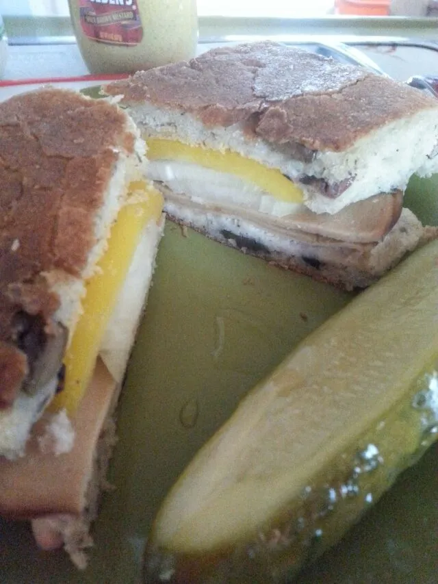 tofurkey panini with a pickle, onion, yellow bell pepper,  mayo, mustard on olive chibatta.|Polly Gelfusoさん