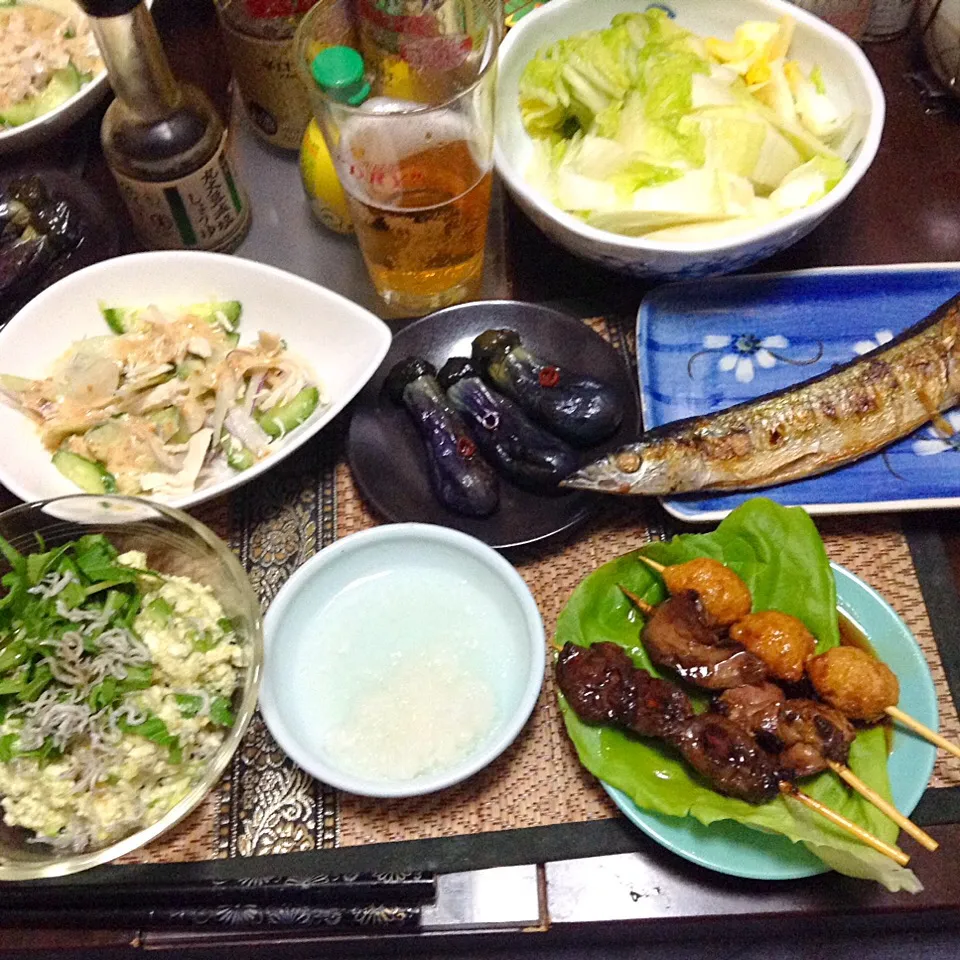 Snapdishの料理写真:焼き鳥＆アボカドと豆腐の和え物＆秋刀魚の塩焼き＆蒸し鶏とセロリのサラダ＆ナスの煮浸し|まぐろさん