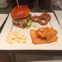 Snapdishの料理写真:Home-made cheese burger served with coleslaw Indian rings and chunky chips|Daniel Allchinさん