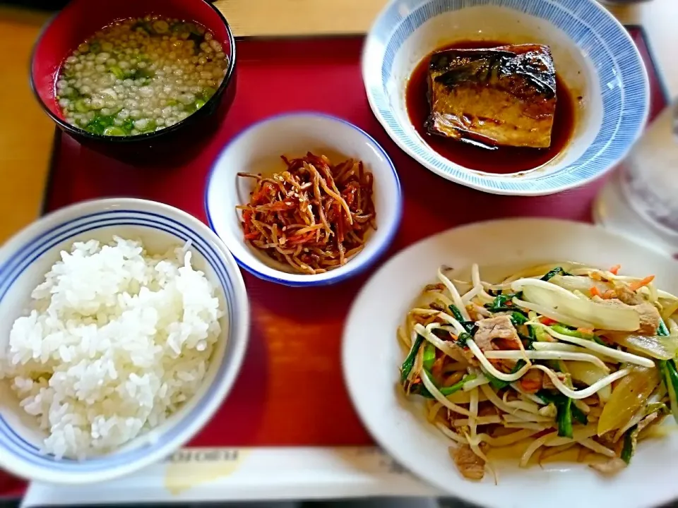 今日のお昼は、食堂で 好きなおかずをチョイスして～
さばの味噌煮、きんぴらごぼう、もやし炒め、お味噌汁❣|yokoさん