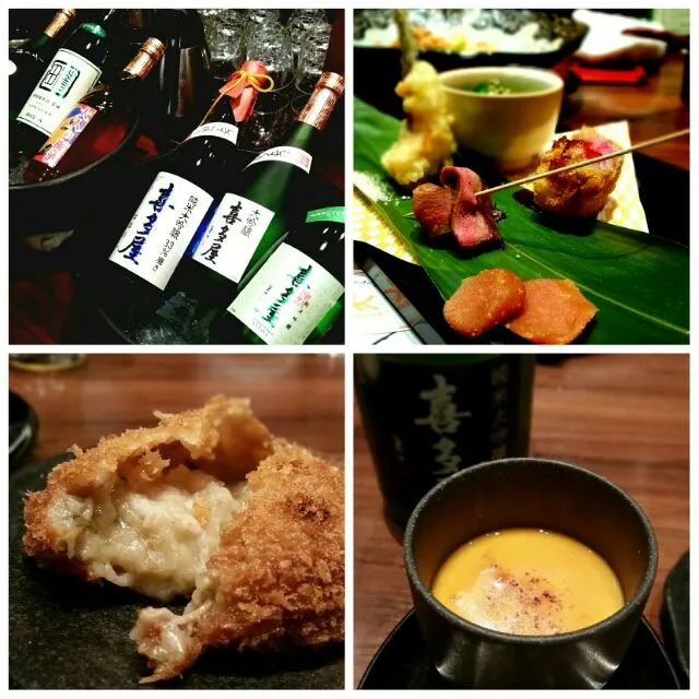 Snapdishの料理写真:福岡のお酒、喜多屋チャンピオンＳＡＫＥ含む試飲会？呑み会
各３本、ヤバすぎです！モツ煮込みコロッケ、
雲丹豆腐茶碗蒸し、明太子のカラスミ風、甘太サツマイモのポテトサラダ|直樹さん