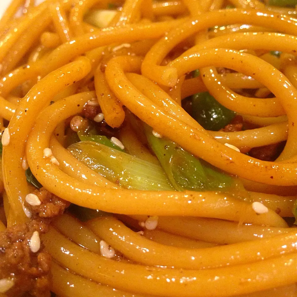 Snapdishの料理写真:Big fat noodles with jalapeños and beef|Peter Simonさん