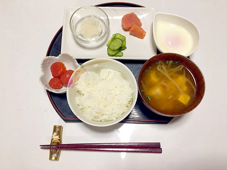 Snapdishの料理写真:和定食 温泉玉子、もやし&おとうふのお味噌汁、大根おろし、明太、トマトマリネ、キュウリの即席漬け|めぐみさん