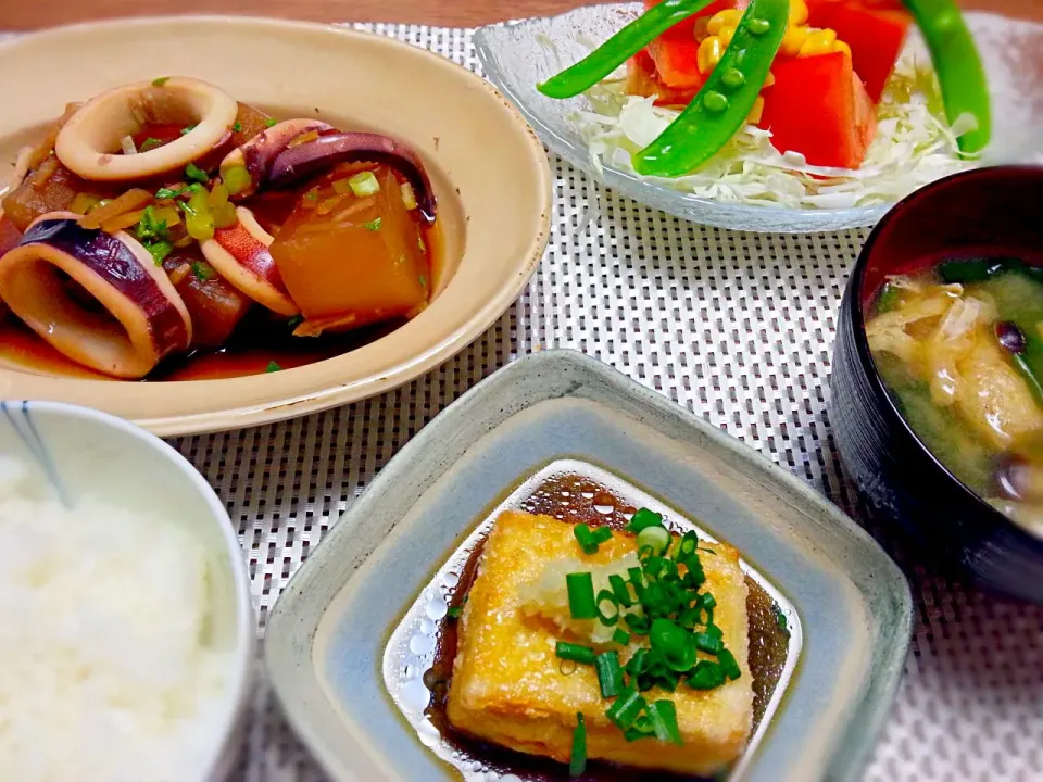 いかと大根の煮物・揚げ出し豆腐・サラダ・ほうれん草としめじのお味噌汁|なべちゃんさん