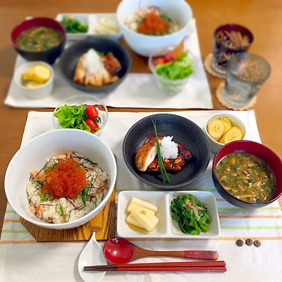 いくらと鮭の親子丼定食🍴|むぎママさん