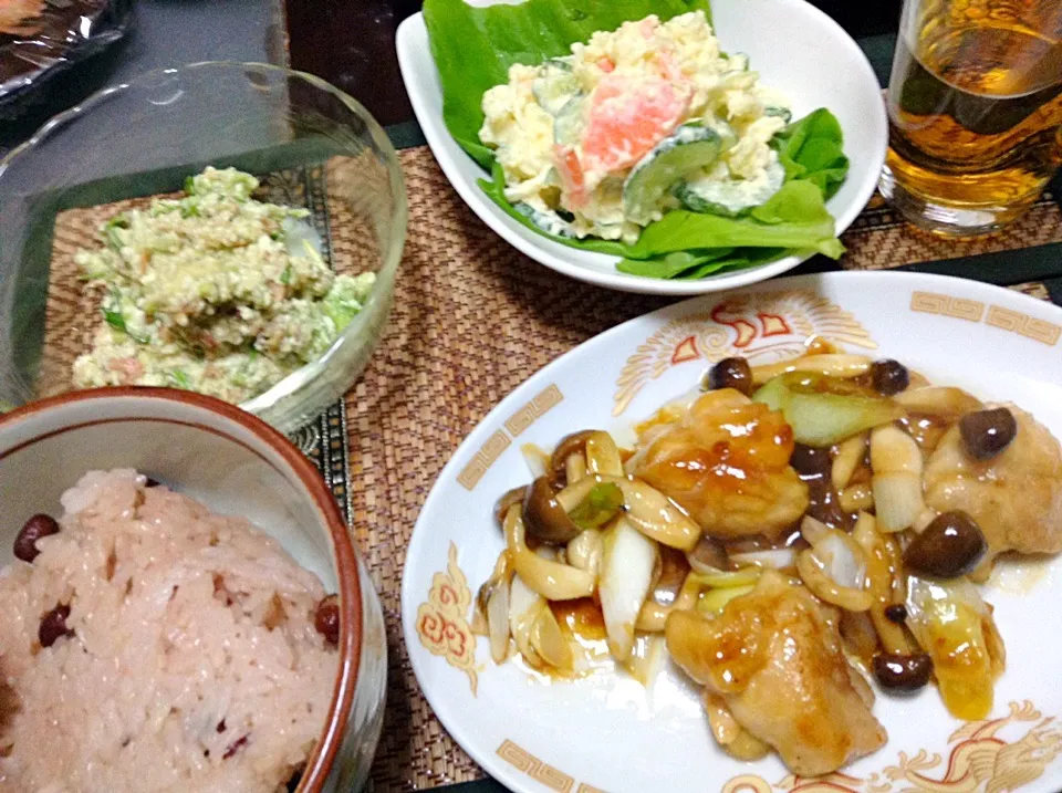 Snapdishの料理写真:ポテトサラダ＆水菜と豆腐の和え物＆ガリバタチキン|まぐろさん