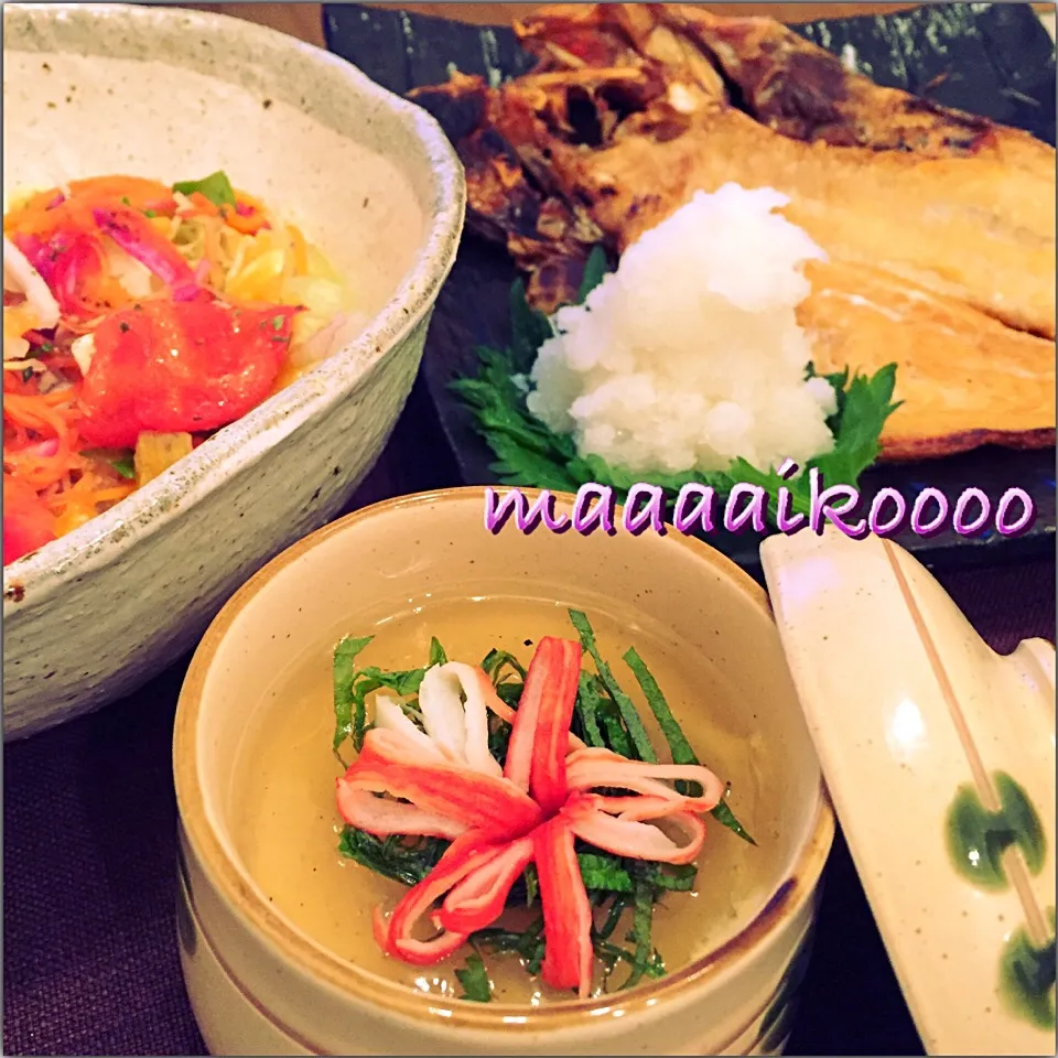 Snapdishの料理写真:あんかけ茶碗蒸し⭐︎金目鯛の干物⭐︎緑黄色野菜サラダ|マイコさん