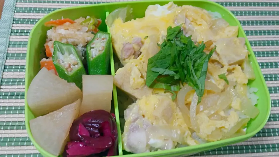 旦那さんのお弁当
・ヘルシー親子丼
・雪花菜の煮付け
・大根の鼈甲煮
・おくら
・しば漬け|あぁちゃんさん