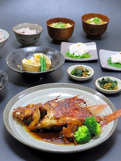 今晩は、花カサゴの煮付け、切干し大根の玉寄せ信田煮、菊花かぶら、かぶ葉とあみエビの炒め煮、根菜味噌汁、雑穀ご飯

徳島県産の花カサゴはピンク色の綺麗な魚。初めて出会った魚ですがカサゴなので煮付けにする事にしてウロコと内臓を取ろうとしたら、えらぶたや頭が、まぁトゲだらけ(^^;;
カサゴは脂がのっていても淡泊な白身魚なの|akazawa3さん