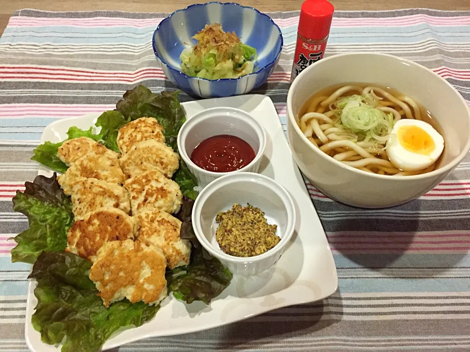 豆腐入りチキンナゲット・キャベツのお浸し・うどん|まーままさん