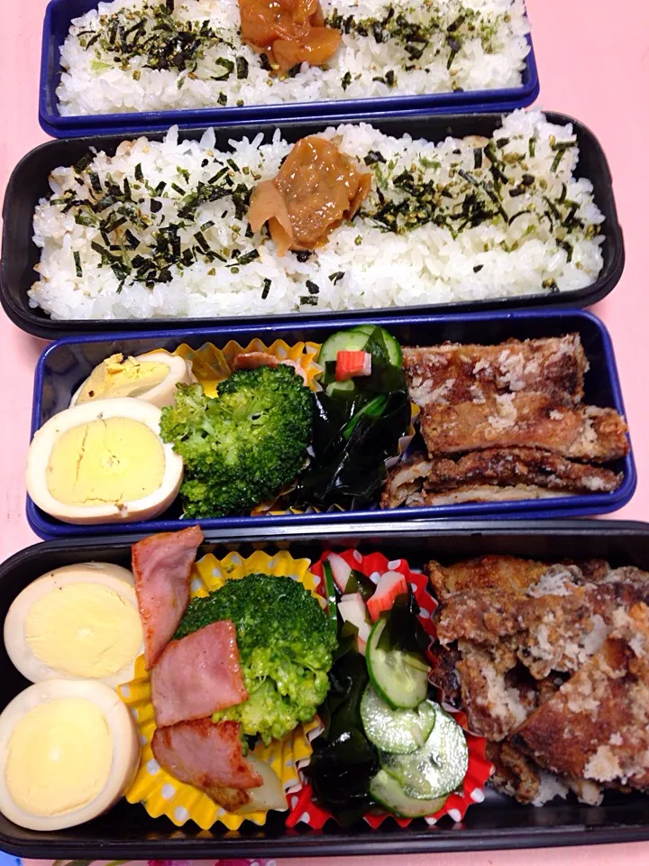 豚肉の竜田揚げ ブロッコリーとベーコンの炒め ワカメの酢の物 煮卵弁当|Kumiko Kimuraさん