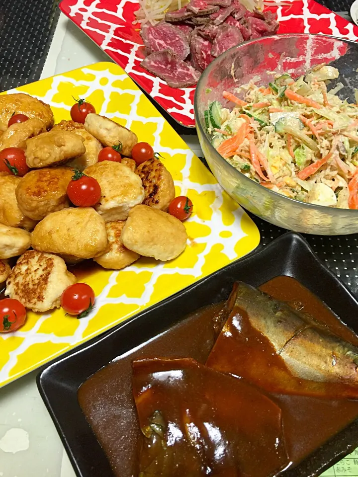 豆腐つくね☆ローストビーフ☆鯖の味噌煮☆野菜のゴマドレ和え|MEGUMIさん