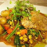 Caribbean jerk Spiced hawaiian lemon snapper with andouille sausage etouffee,  and fire roasted corn and baby potato salad!|Chef John Thomas Tapper IIさん