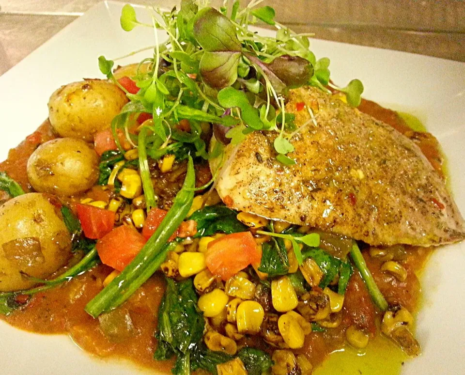 Caribbean jerk Spiced hawaiian lemon snapper with andouille sausage etouffee,  and fire roasted corn and baby potato salad!|Chef John Thomas Tapper IIさん