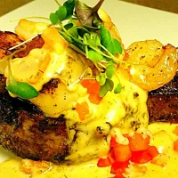 sous vide  new York strip with pan seared sea scallops,  shrimp,  and lobster marsala cream|Chef John Thomas Tapper IIさん