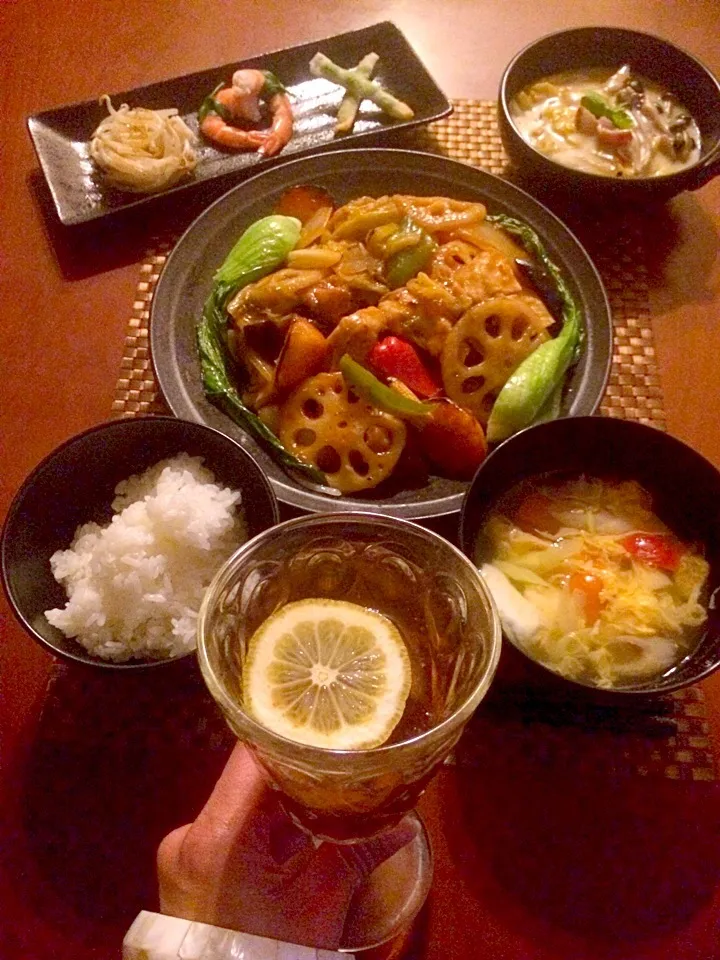 Today's Taiwanese Dinner🍴前菜･奶油白菜･糖醋鸡･白飯･西紅柿鶏蛋湯|🌈Ami🍻さん