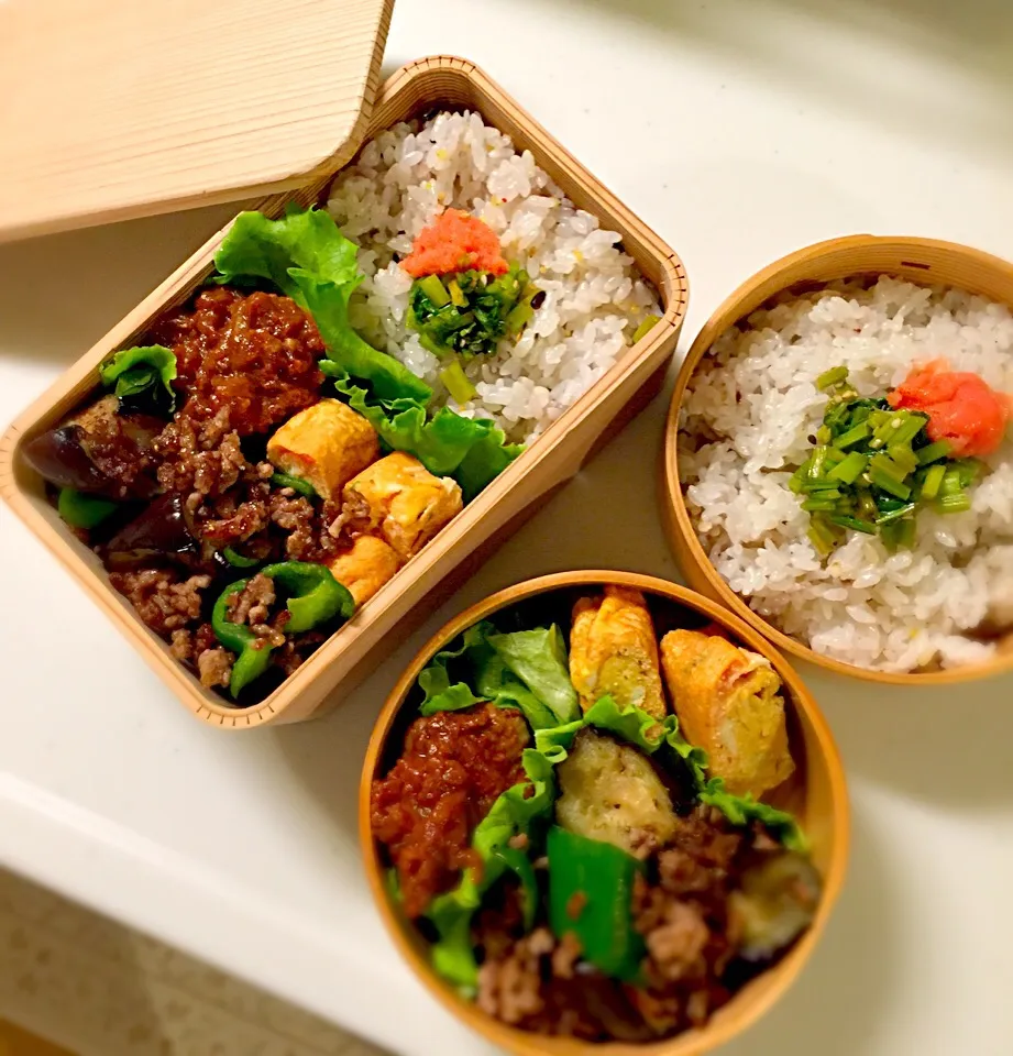 今日のお弁当。明太子入り卵焼き、ナスとピーマンの肉味噌炒め、煮込みハンバーグ、蕪の葉の炒め物。|Junさん