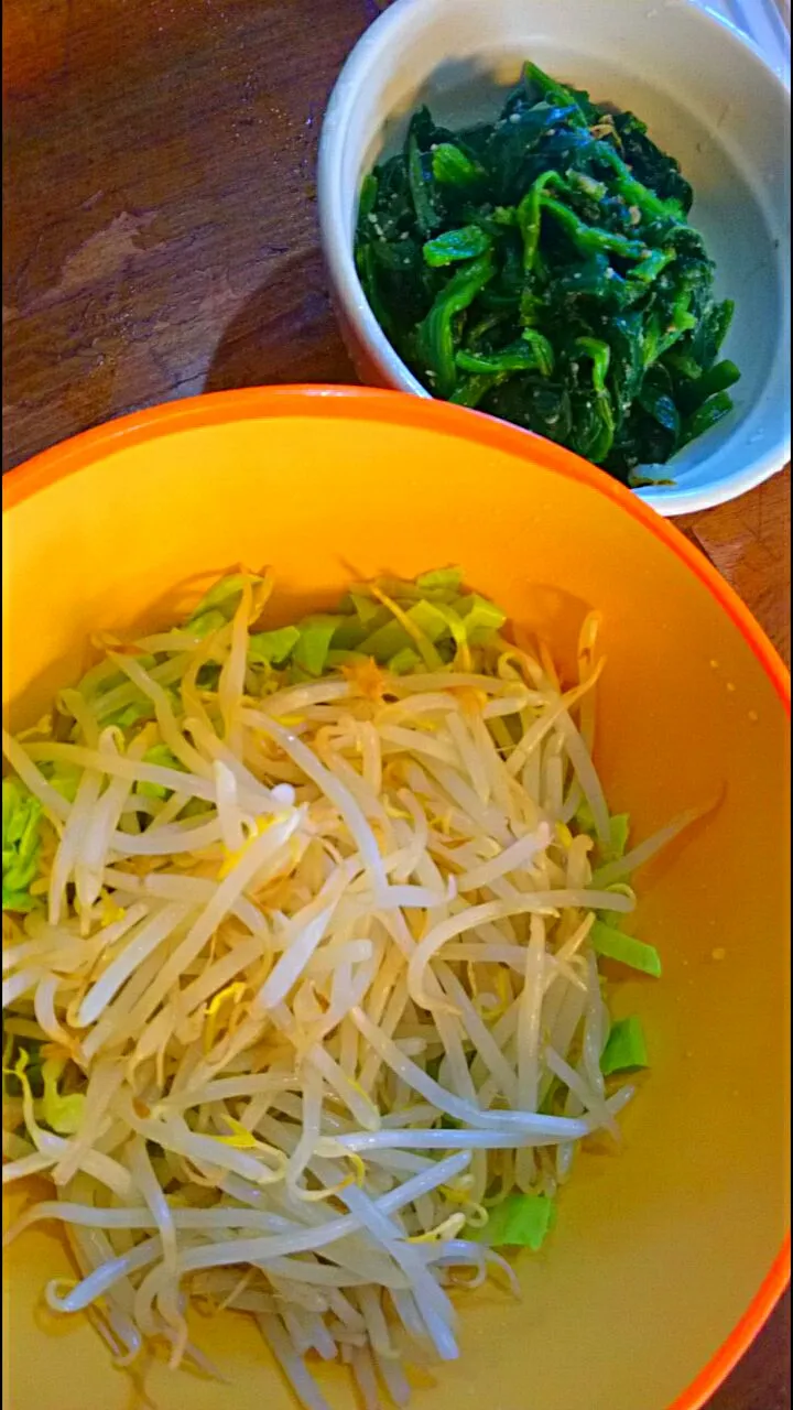 キャベツ🌿もやし蒸し❇ほうれん草のナムル🎵
焼肉ご飯の付け合わせに💛|メイメイda.さん