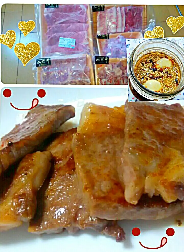 旦那がネット注文してくれたA5ランクお肉ちゃん😋
ボンバーさんのボンだれと、と❤も❤に😋
今回は、真ん丸にんに君&すりおろしリンゴ🍎入りやよ～|ひとみんΨ(*´∀｀)Ψさん