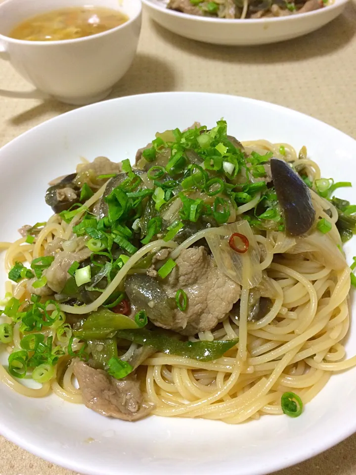 豚肉となすの中華風パスタ|Hiropanさん