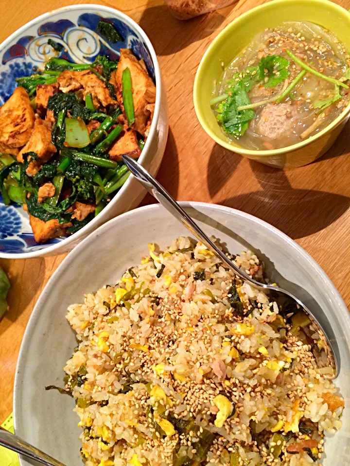 ⭐️高菜とツナのチャーハン
⭐️菜の花 野沢菜 と厚揚げの甜麺醤炒め
⭐️鶏団子春雨スープ|doc3387さん