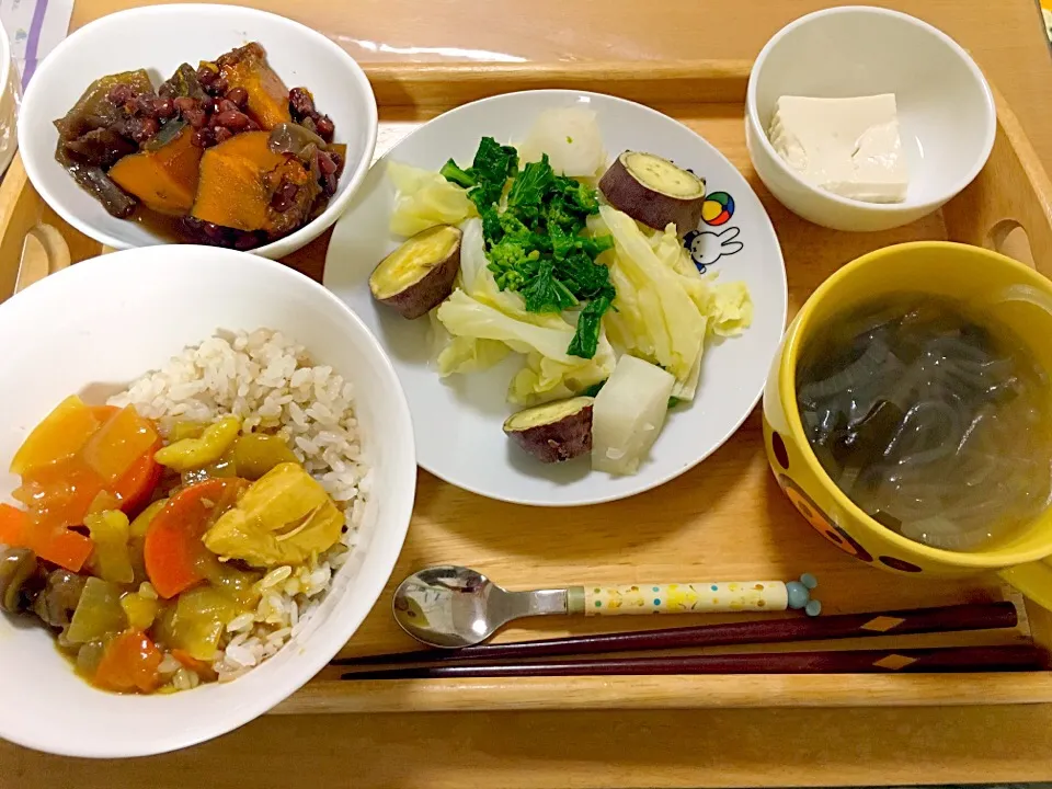 晩ご飯⭐︎カレー(息子作)、温野菜サラダ、ワカメと春雨のスープ、冷奴、小豆かぼちゃ|かわちさん