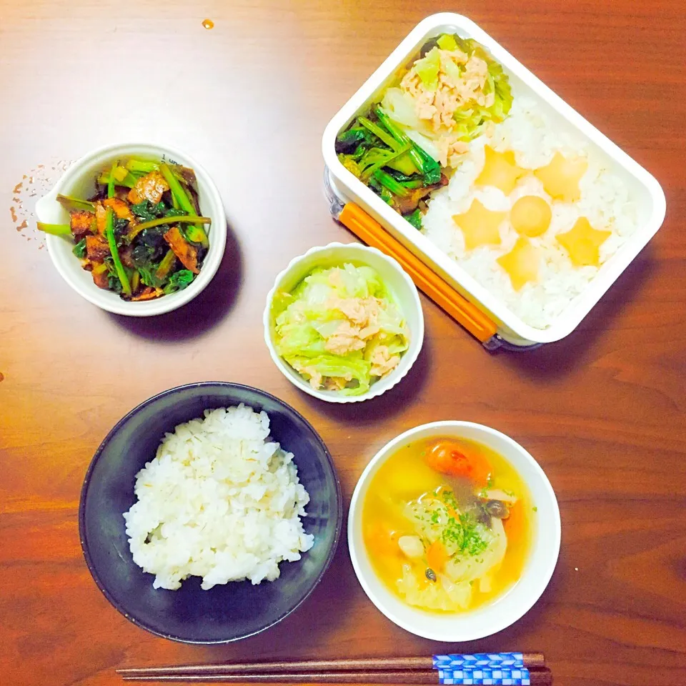 ポトフ、白菜とツナのサラダ、つぼみ菜とベーコンのバター醤油炒め|ゆなさん