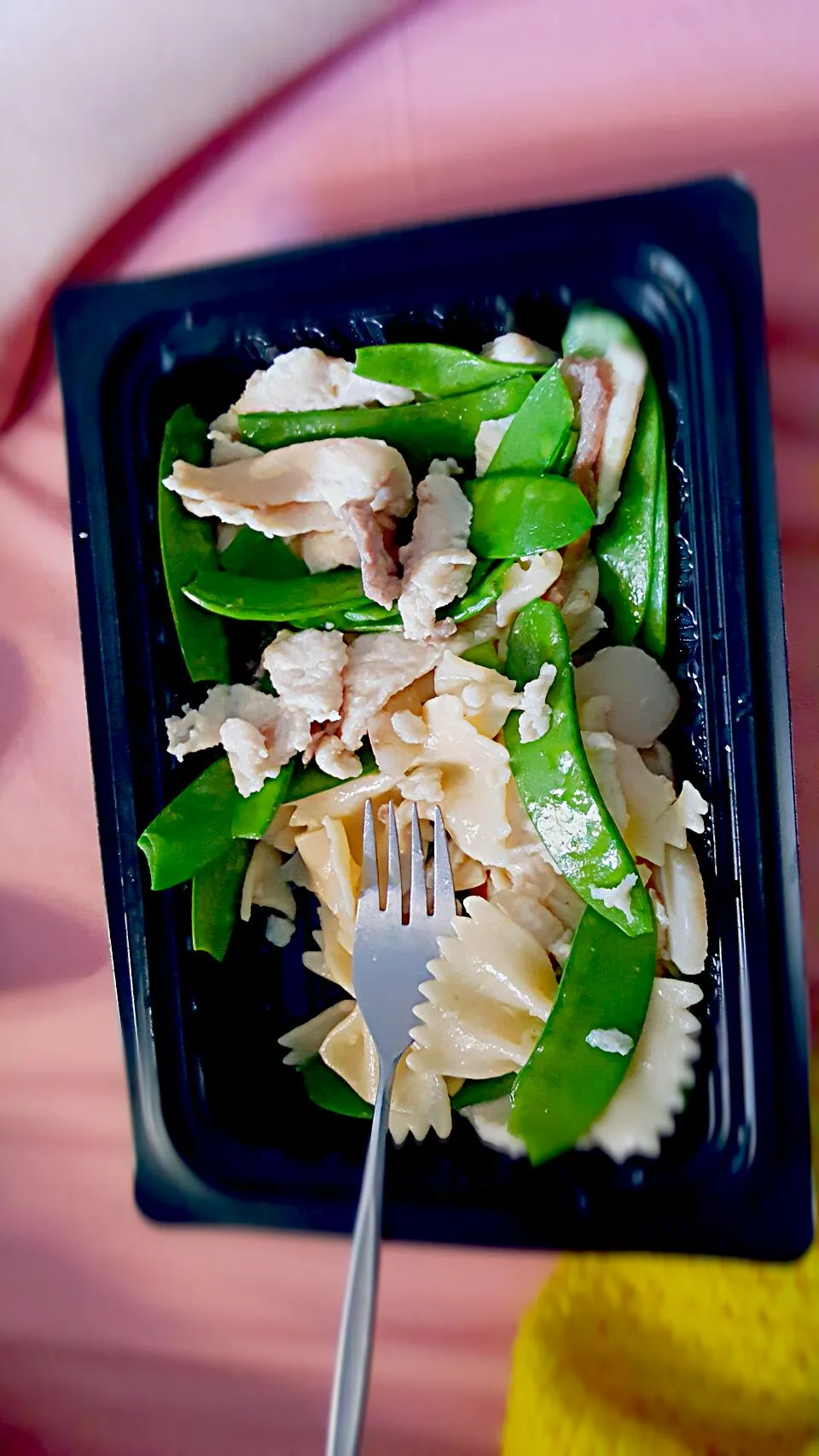 Snapdishの料理写真:Steamed chicken with water chestnuts snowpeas and added bow tie pasta|Susanさん