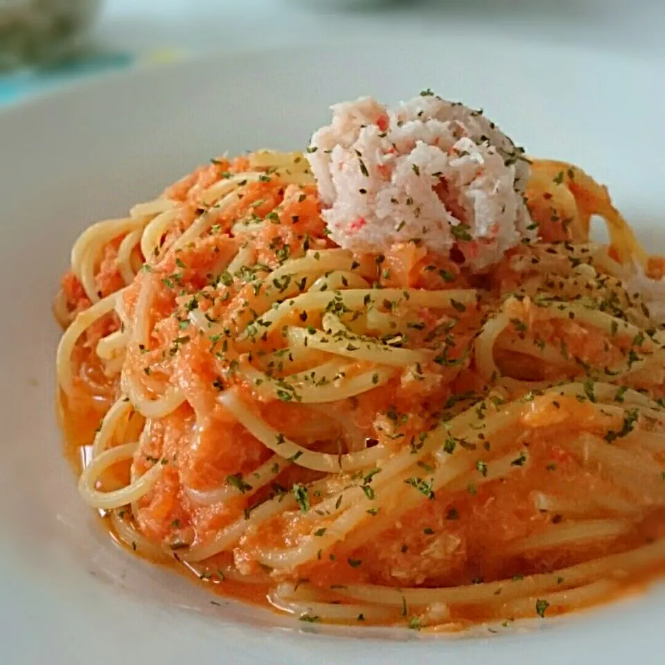 カニ缶でトマトソースパスタ！|ちぇさん