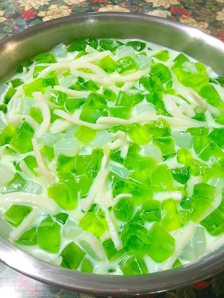 Buko Pandan Salad - shredded fresh coconut and jelly w/ condensed milk and fresh cream and pandan extract. A perfect christmas dessert  in the Philippines.|きくちゃんさん