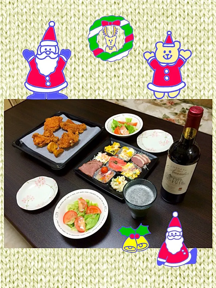 Snapdishの料理写真:ポールボキューズ フライドチキン、サラダセット、ビール、赤ワイン(シャトー ラマンディエ)|pentarouさん