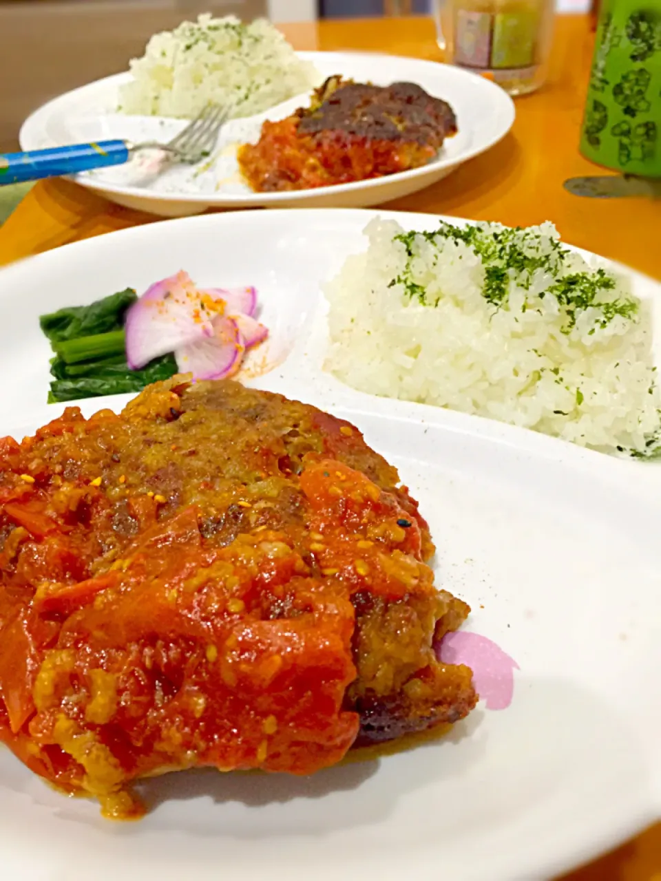 ハンバーグのトマトソース煮  ほうれん草お浸し  赤大根の漬物|ch＊K*∀o(^^*)♪さん