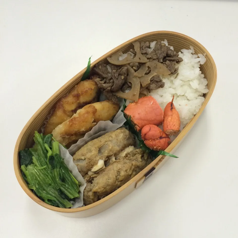 Snapdishの料理写真:弁当（ハンバーグ、サバ竜田揚げ、ほうれん草お浸し、焼き明太子、牛肉れんこん）|SasaMasa213さん