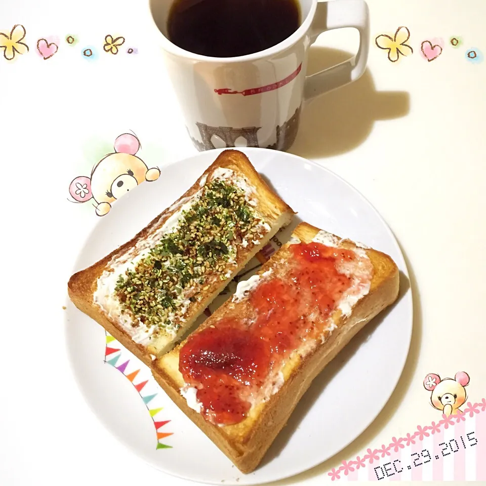 自分モーニング❤︎いちごジャム&わさびふりかけクリームチーズ❤︎トースト|Makinsさん