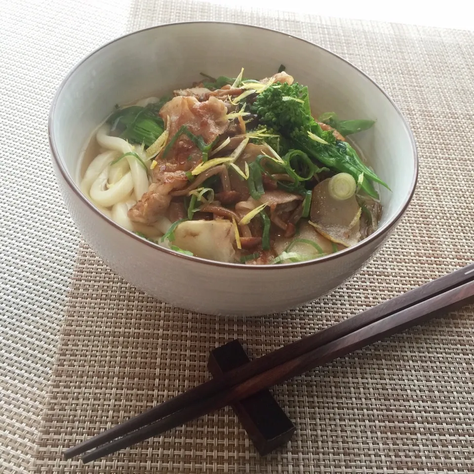 菜の花と菊芋と木の子の豚生姜焼き ”うどん”|アズフラさん