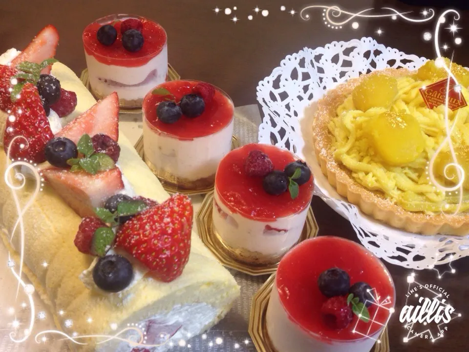 りずむさんの料理 シフォンロールケーキ✨苺のチーズケーキ&早くも栗きんとんのデリバティブ 栗きんとんタルト🎵|とんちんさん