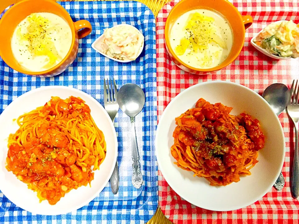 ❦夜ごはん❦
トマトガーリックパスタ
白菜のクリームスープ
ポテサラ|愛さん