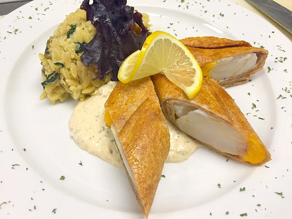 Snapdishの料理写真:Fish Flautas w/Spinach n Mushroom Orzo Risotto and homemade remoulade|Chef Ampさん