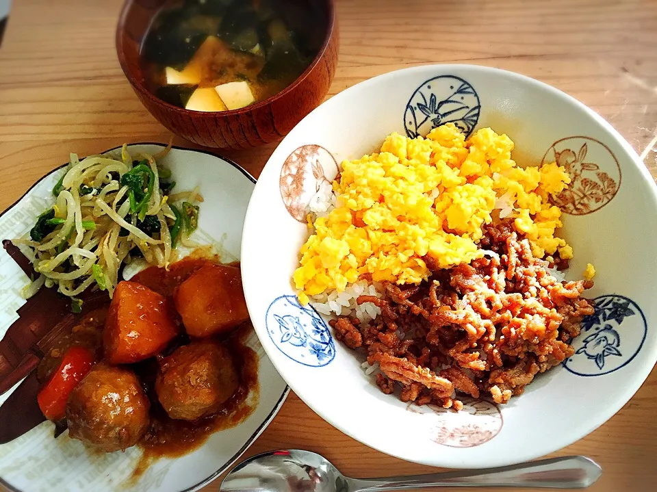 そぼろごはん と昨日の残りのお昼ごはん|よんぬさん